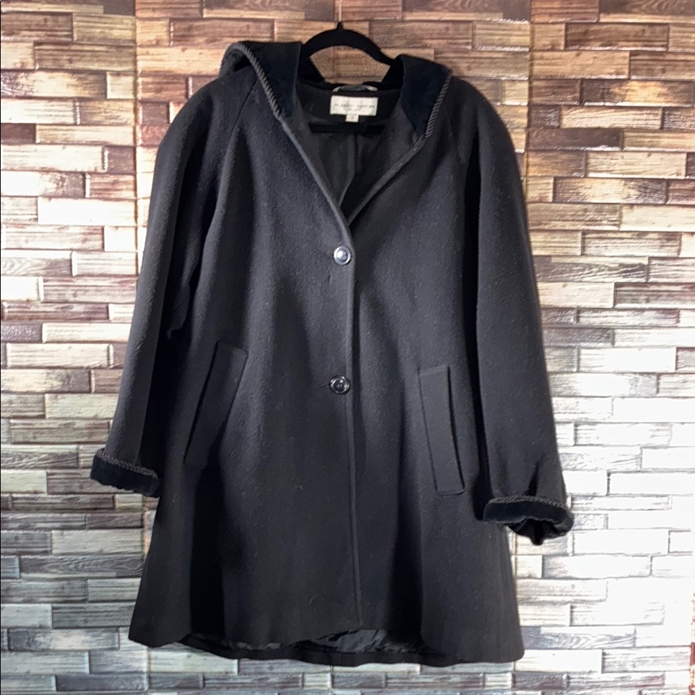 Vintage Albert Nipon Studio Small Long Gray 100% Wool Hooded Coat Velvet Trim